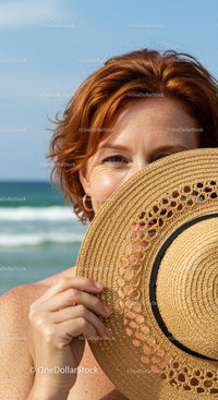 Sunlit Woman with Straw Hat at Beachscenery with Ocean View