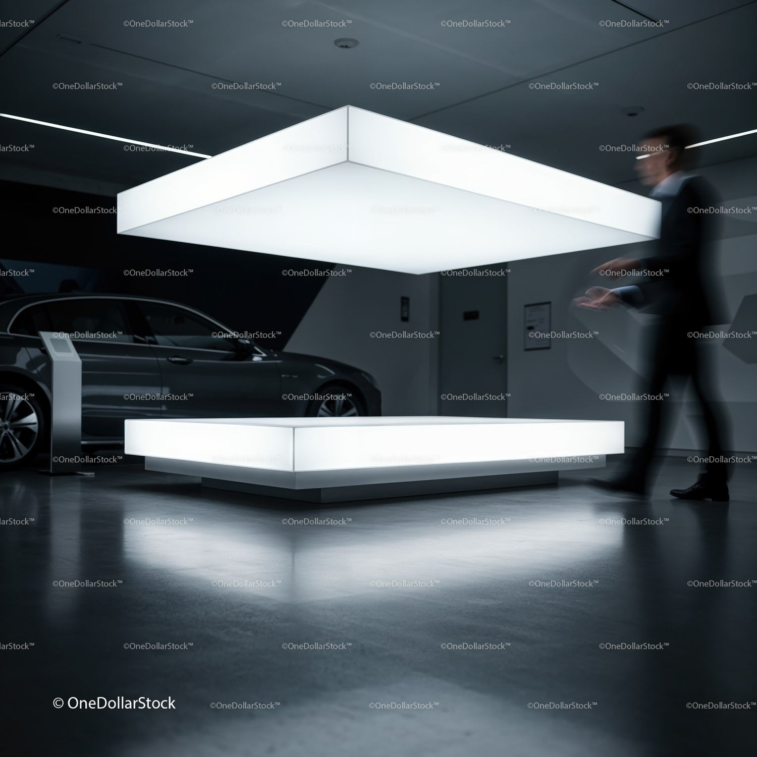 Modern car showroom with futuristic illuminated display