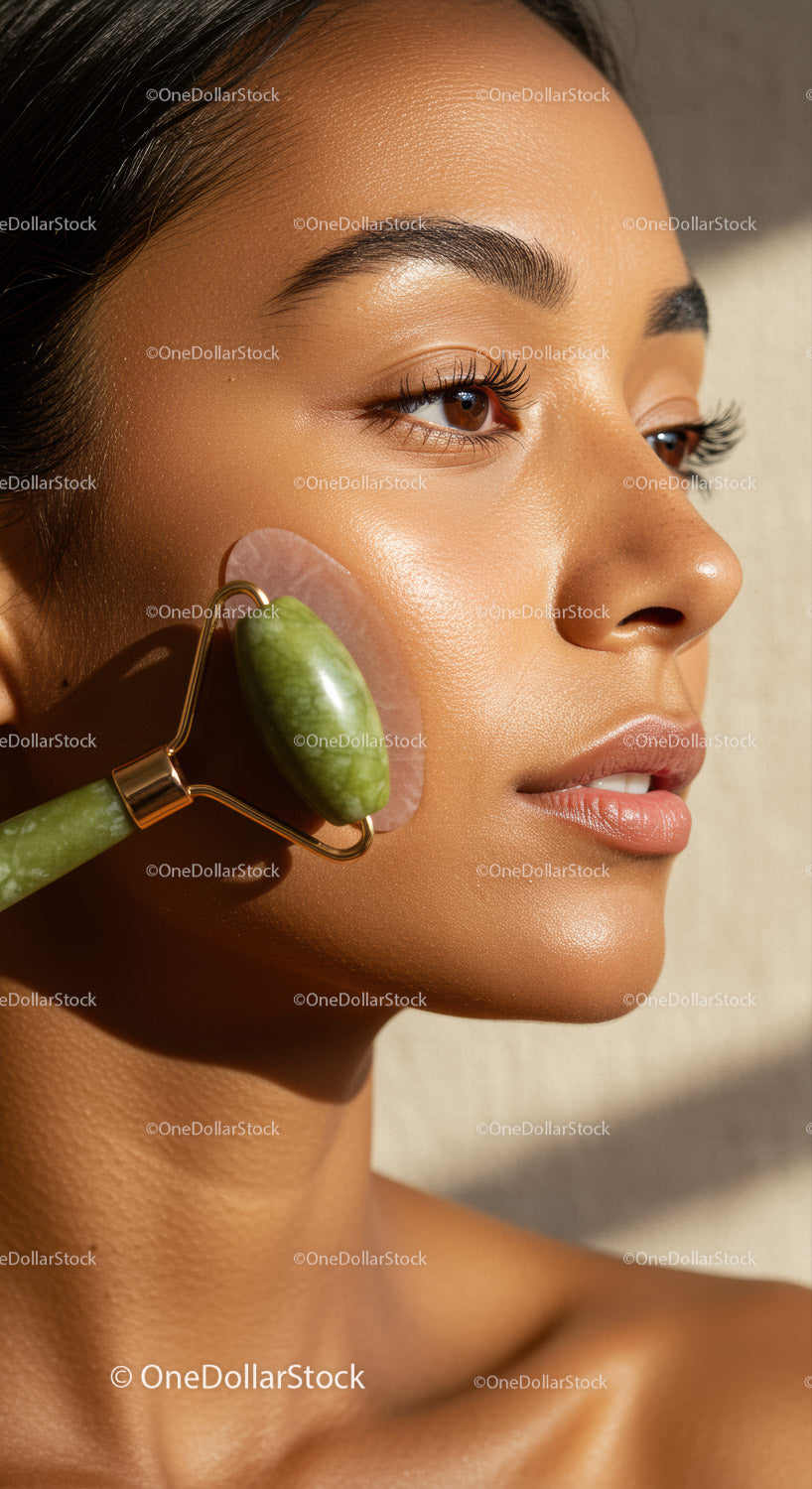 Young Woman Receiving Jade Roller Facial Massage for Glowing Skin