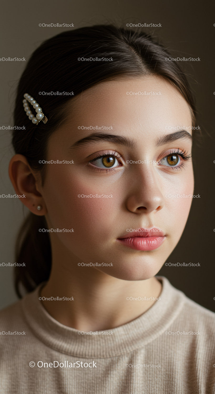 Beautiful Young Woman with Hazel Eyes and Pearl Hairclip