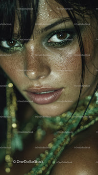 Glamorous Woman with Green Eyeshadow and Glittering Skin