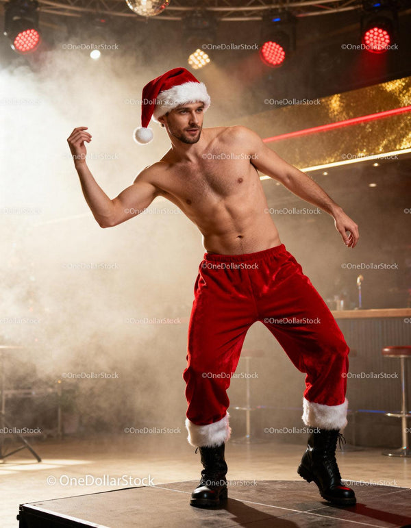 Shirtless Man Dancing in Festive Santa Pants and Hat