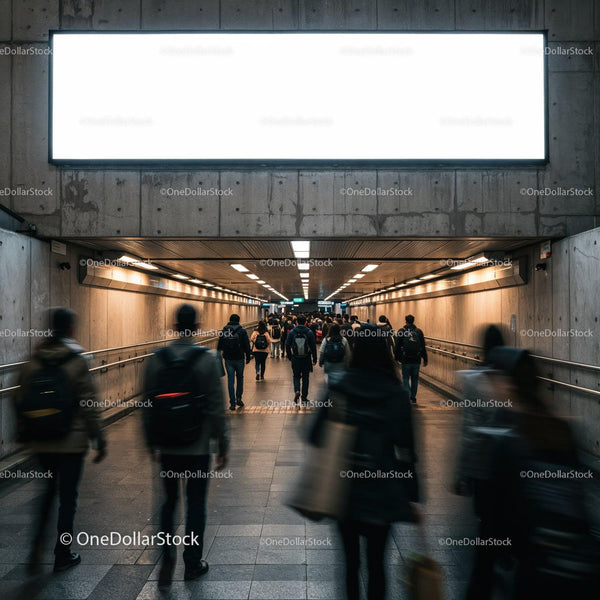 Crowded subway corridor filled with commuters walking JPG Mockup Image