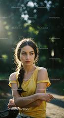 Young woman in yellow top standing outdoors with thoughtful look