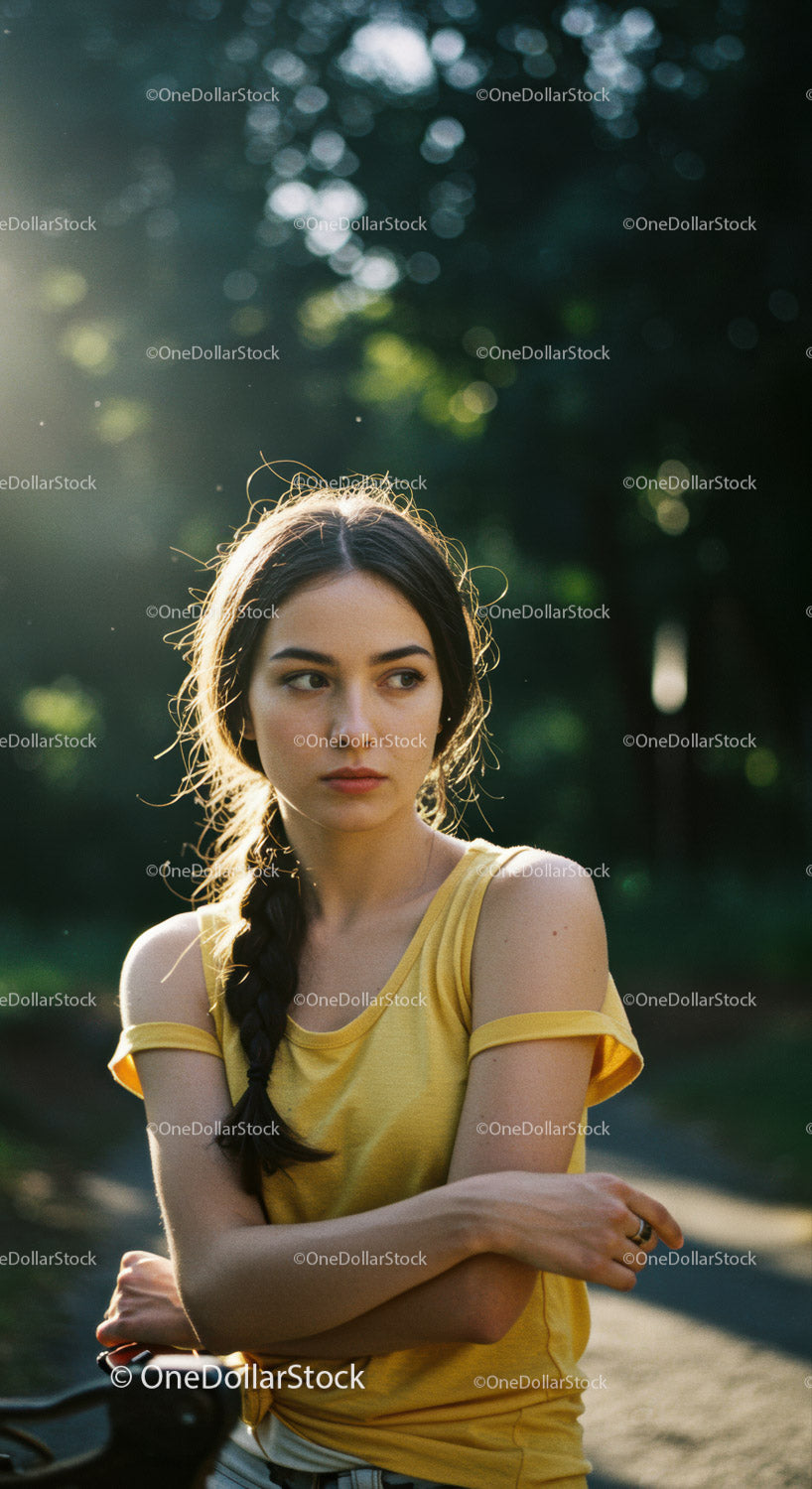 Young woman in yellow top standing outdoors with thoughtful look