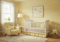 Bright Yellow Nursery Room with White Baby Crib and Cozy Decor