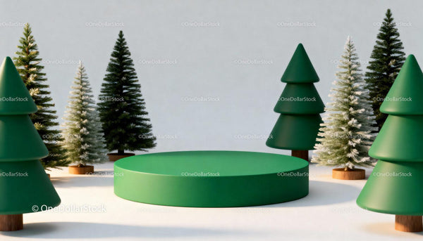 Minimalistic Winter Display with Green and Frosted Trees