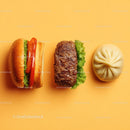 Gourmet Burger with Lettuce and Tomato Next to Grilled Steak and Dumpling