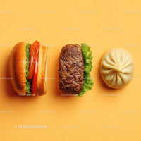 Gourmet Burger with Lettuce and Tomato Next to Grilled Steak and Dumpling