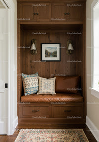 Cozy Window Nook with Cushions and Wooden Paneling in Warm Interior