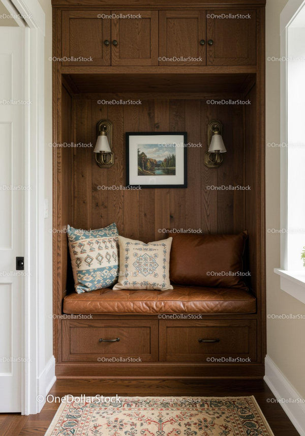 Cozy Window Nook with Cushions and Wooden Paneling in Warm Interior