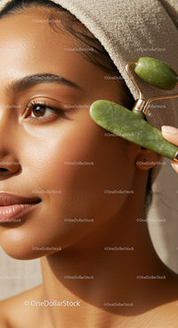 Woman Using Jade Roller for Facial Massage in Skincare Routine
