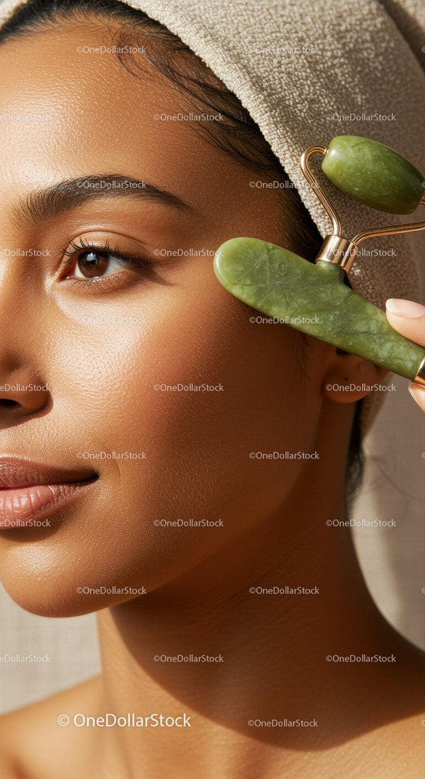 Woman Using Jade Roller for Facial Massage in Skincare Routine