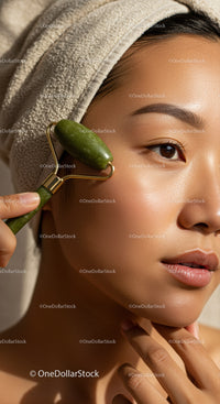 Close-Up of Woman Using Jade Roller for Facial Massage in Spa