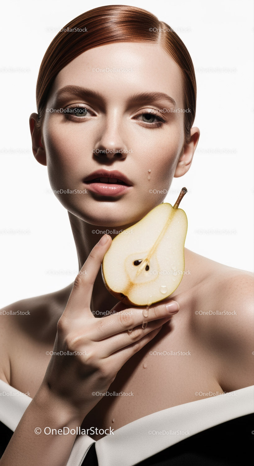 Elegant Woman with Pear in Modern Artistic Beauty Portrait