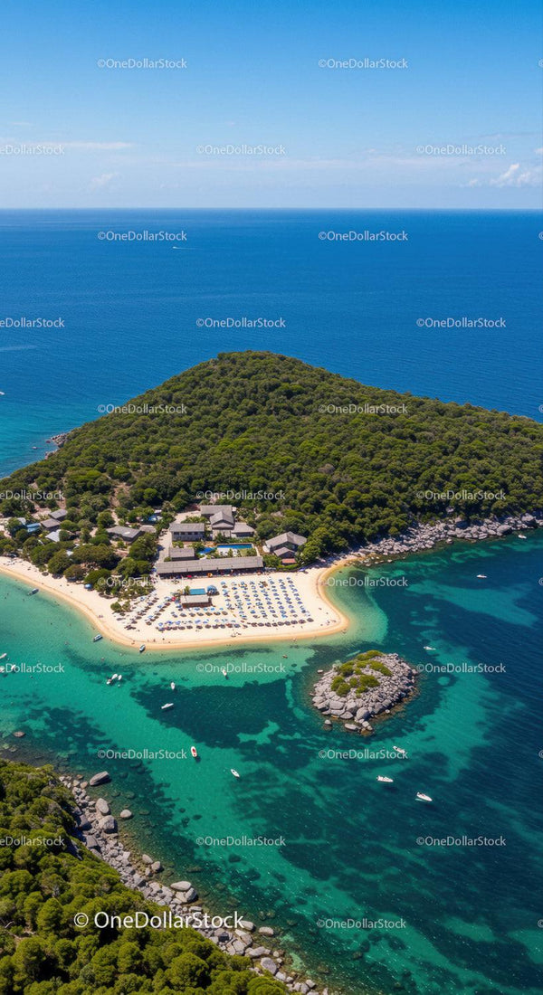 Tropical Island with Lush Greenery and Clear Blue Beach