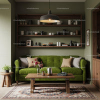 Cozy living room with green velvet sofa and wooden decor