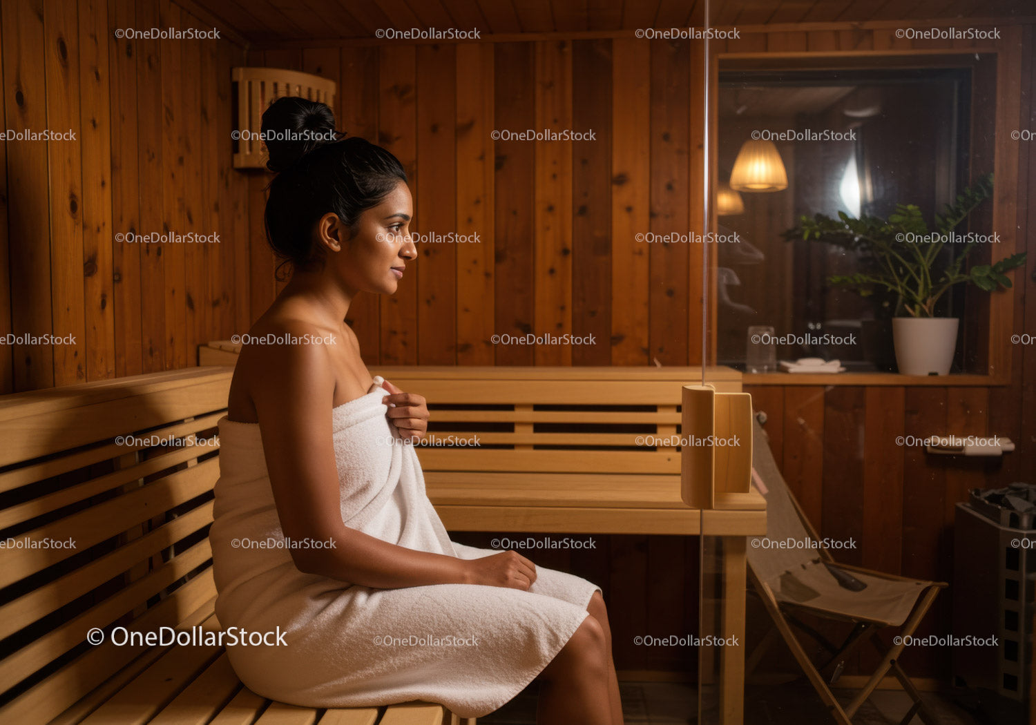 Relaxing Woman in Sauna Room with Wooden Walls and Warm Lighting