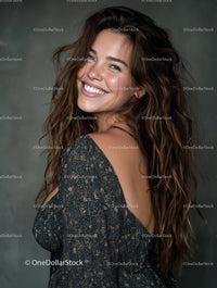 Happy Woman with Curly Hair Wearing Stylish Dress and Smiling