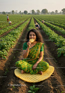 Indian woman enjoying snack in green farmland rows