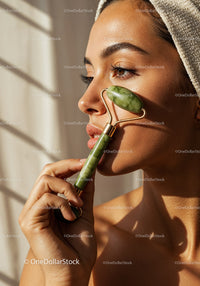 Close-Up of Woman Using Jade Roller for Facial Skin Care