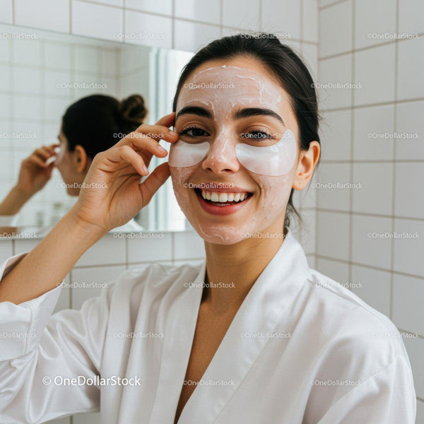 Smiling woman with facial mask and under-eye patches