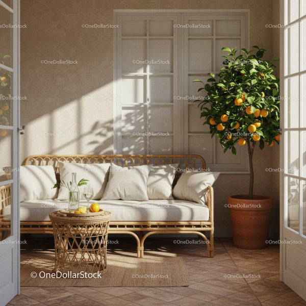 Cozy sunlit patio corner with rattan sofa and orange tree