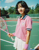 Young Woman in Pink Polo Playing Tennis on Sunny Court