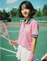 Young Woman in Pink Polo Playing Tennis on Sunny Court