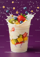 Fresh fruit and cereal splashing into creamy yogurt cup