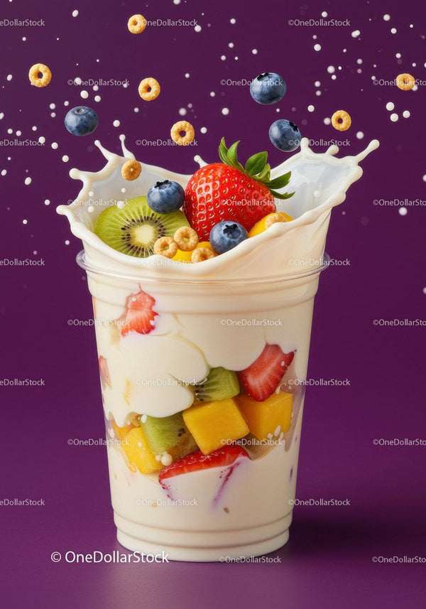 Świeże owoce i chrupiące płatki zalewające się w kremowym jogurcie