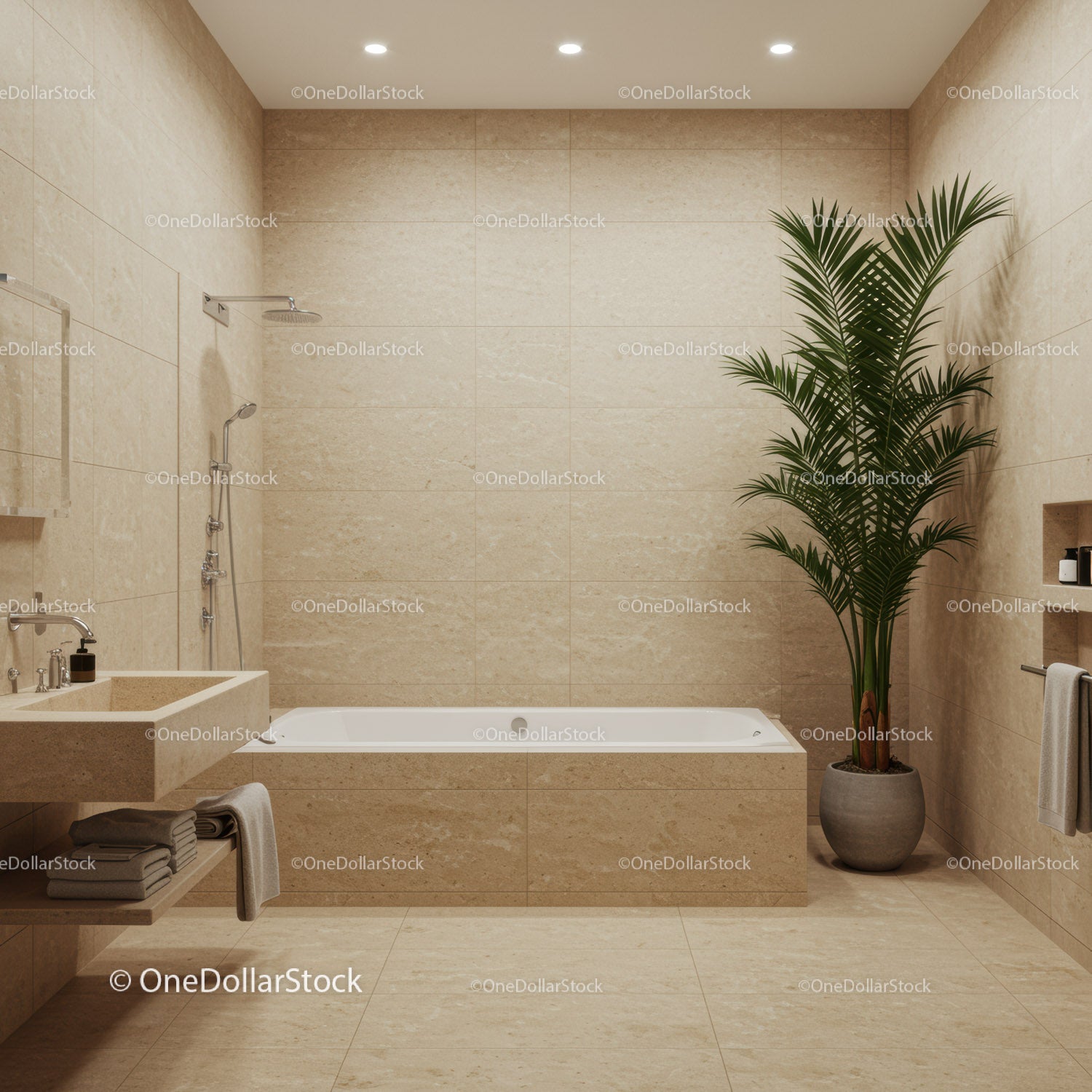 Contemporary Luxury Bathroom with Green Tropical Plant and Beige Finishes