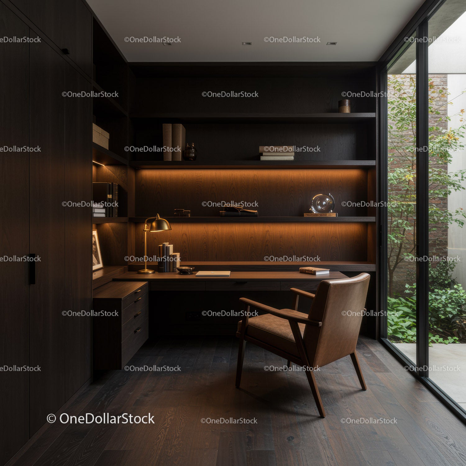 Cozy modern home office with warm ambient lighting
