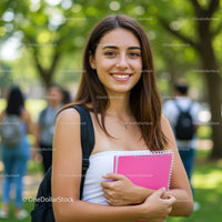 Young Woman with Pink Notebooks in Park Blissful Summer Day