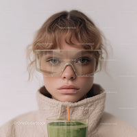 Young Woman Wearing Safety Goggles and Drinking Green Smoothie