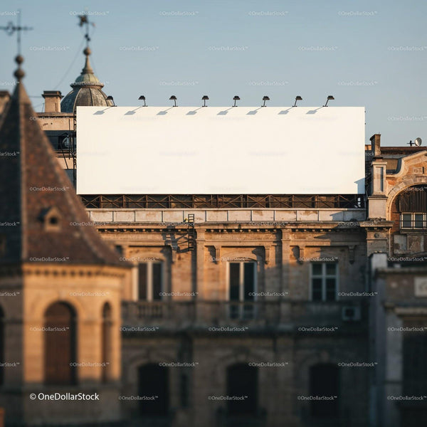 Blank Billboard on Historic Building in Urban Setting JPG Mockup Image