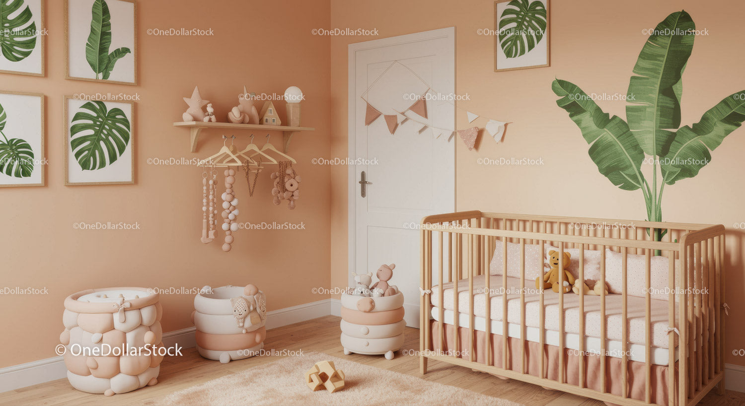 Sweet Baby Nursery with Wooden Crib and Green Plant Wall Art