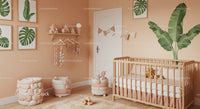 Sweet Baby Nursery with Wooden Crib and Green Plant Wall Art