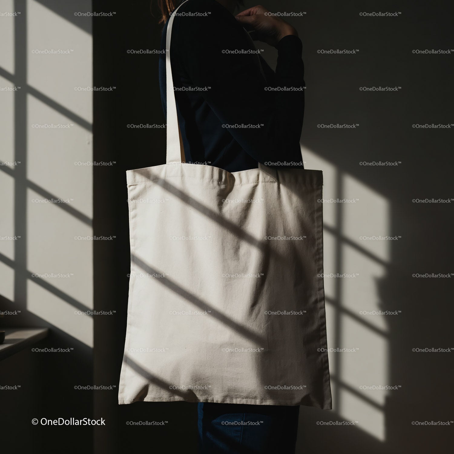 Person Carrying Plain Beige Canvas Tote Bag Indoors