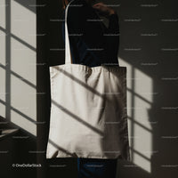 Person Carrying Plain Beige Canvas Tote Bag Indoors
