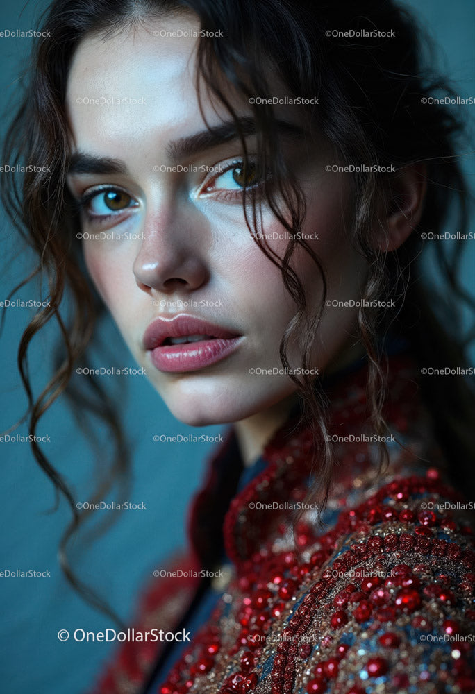 Portret kobiety o zielonych oczach w czerwonej bluzce z cekinami