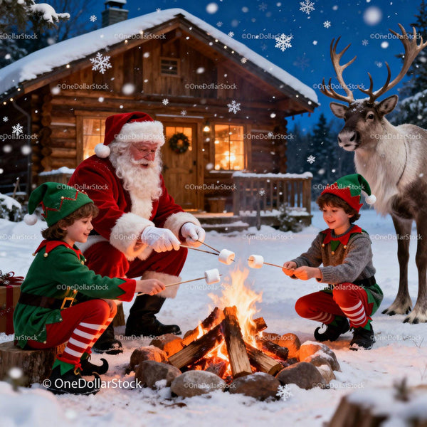 Santa and Elves Roasting Marshmallows by Cabin Fire