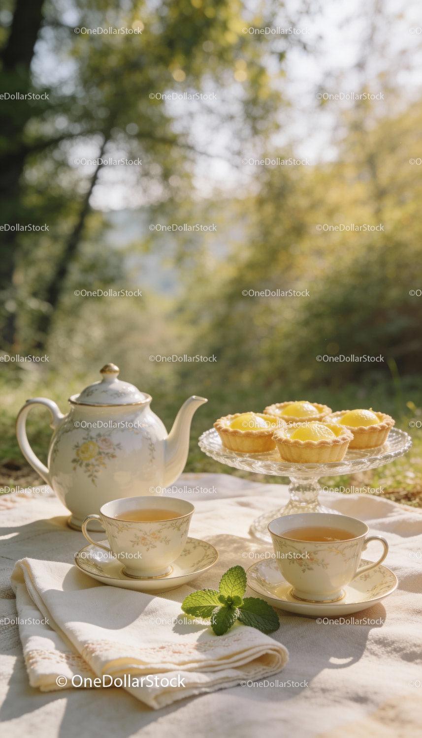 Elegant afternoon tea with lemon tarts in garden