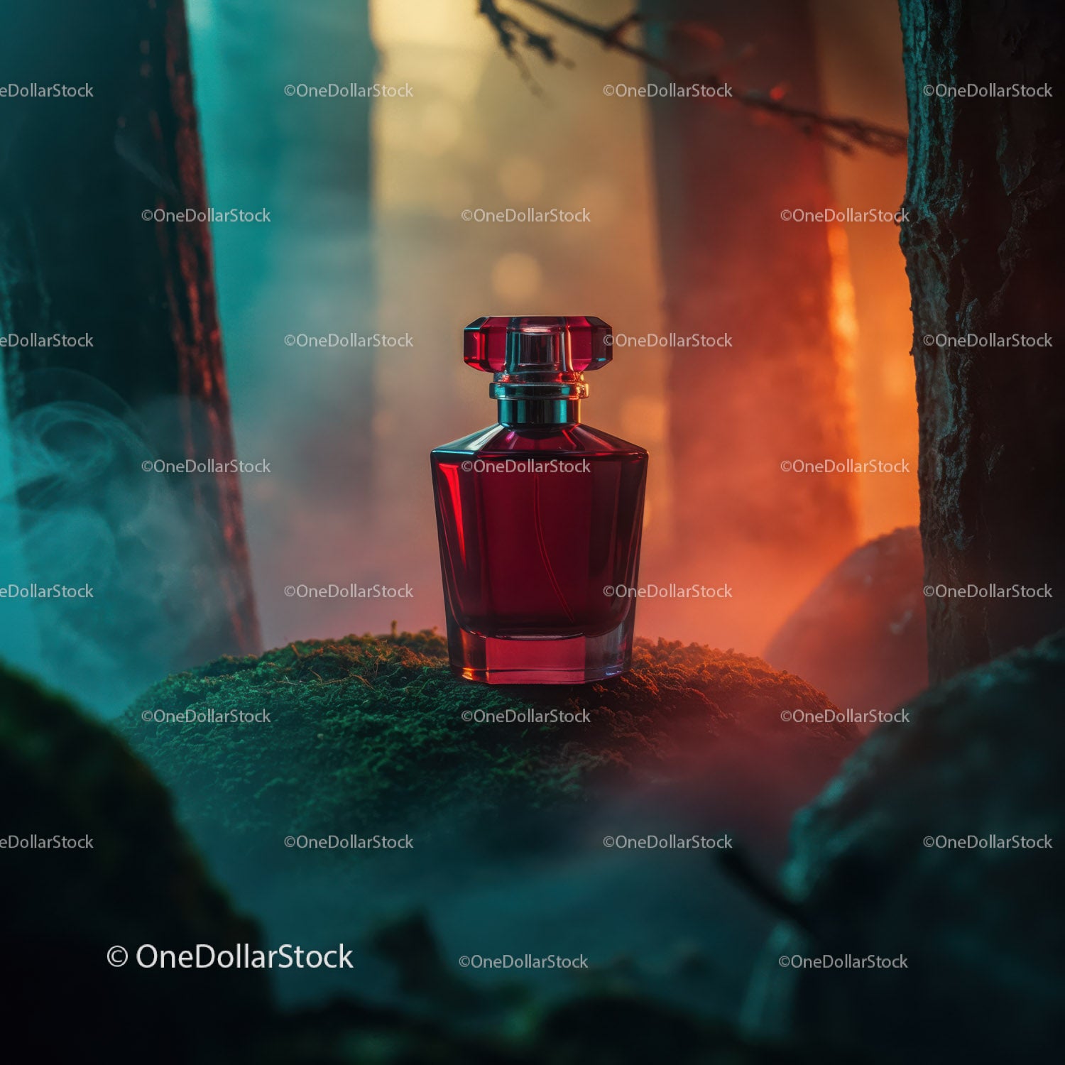 Luxury Red Perfume Bottle in Mystical Forest Scene