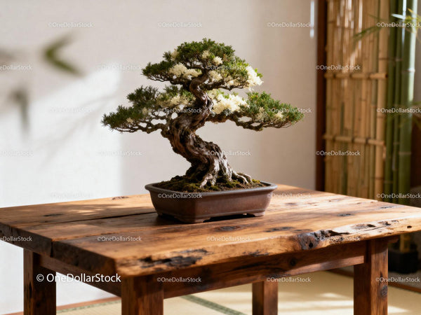 Elegancki bonsai na rustykalnym drewnianym stole w wnętrzu