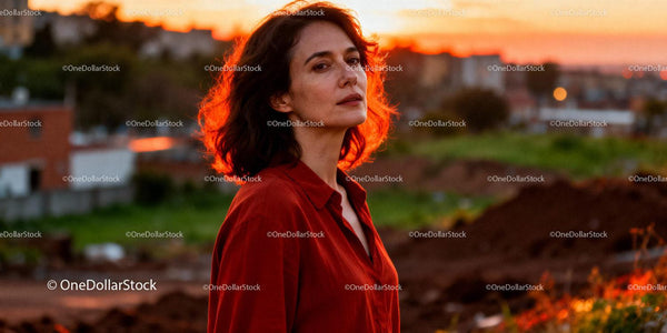 Woman in red shirt gazing during vibrant sunset