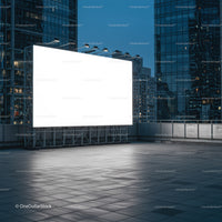 Large illuminated billboard on modern city rooftop at dusk