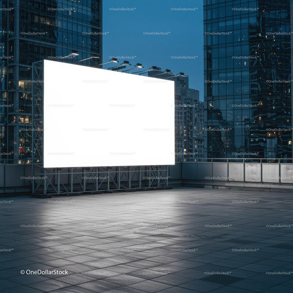 Large illuminated billboard on modern city rooftop at dusk JPG Mockup Image