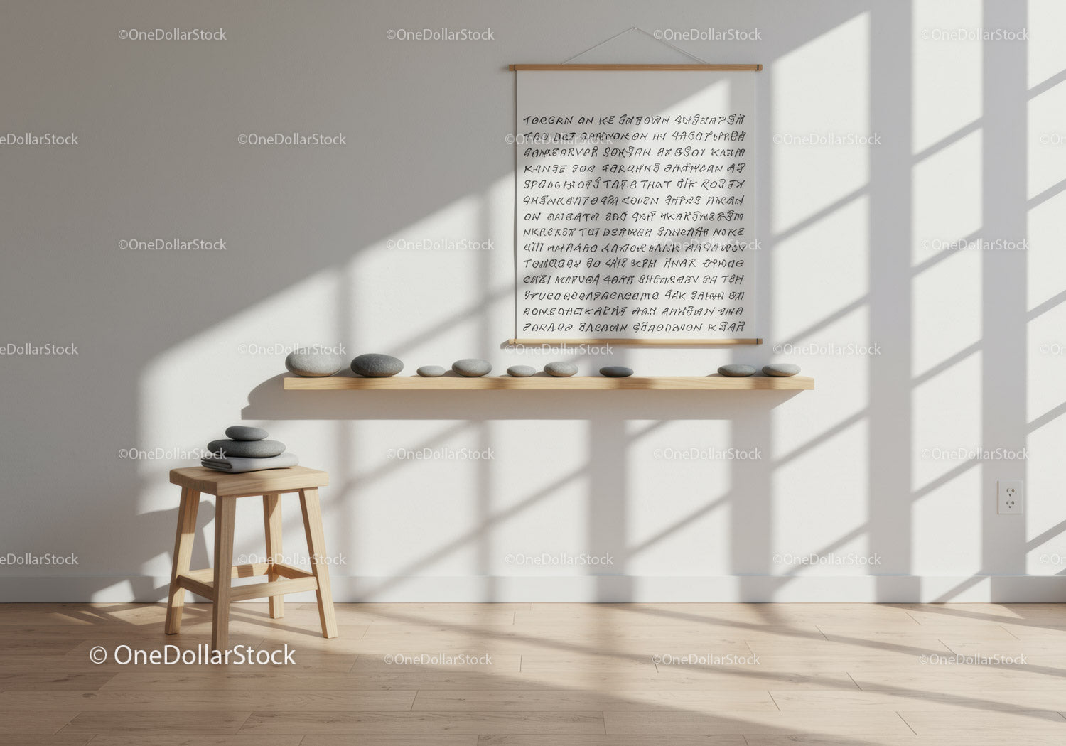Minimalist zen stones arrangement in sunlit modern room