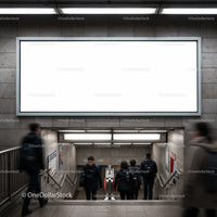 Commuters walking down stairs in urban subway station